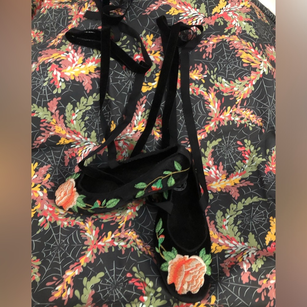 Miss L Fire Black Velvet Article Phoebe Embroidered Flat lace-up Ballet Shoes